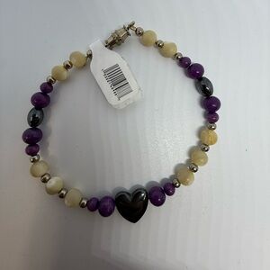 Purple Bead Bracelet w/ Hematite Heart 8.5”
